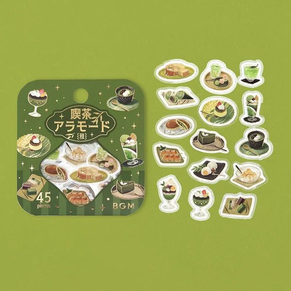 将图片加载到图库查看器，Green matcha-themed café flake sticker sheet with illustrated desserts, tea bowls and small plates accented with foil.
