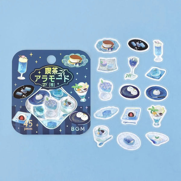 将图片加载到图库查看器，Sheet of blue-themed café flake stickers showing petite plates, parfaits, jelly desserts and drinks with shimmering foil highlights.
