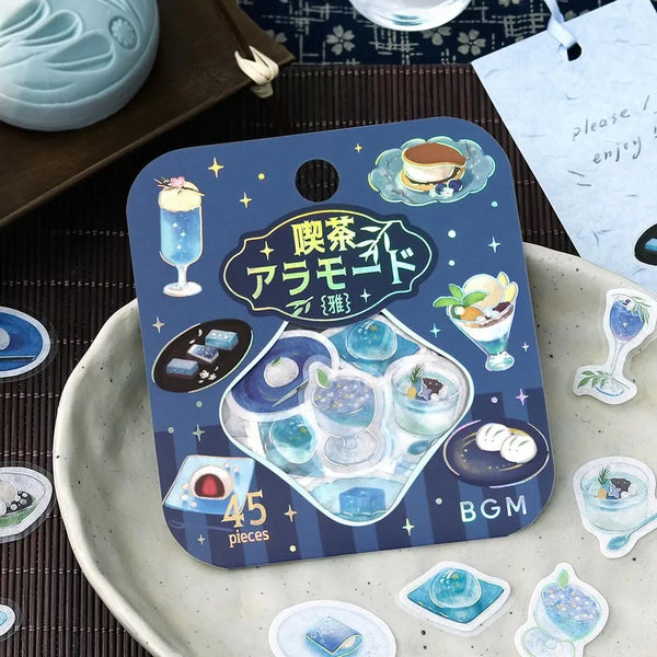 将图片加载到图库查看器，Sheet of blue-themed café flake stickers showing petite plates, parfaits, jelly desserts and drinks with shimmering foil highlights.
