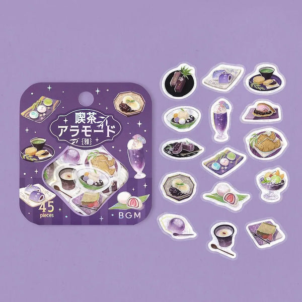 将图片加载到图库查看器，Purple café-themed flake sticker sheet featuring traditional sweets, tea cups and parfaits with metallic foil details.
