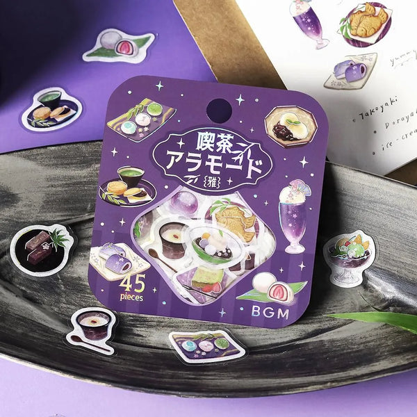 将图片加载到图库查看器，Purple café-themed flake sticker sheet featuring traditional sweets, tea cups and parfaits with metallic foil details.
