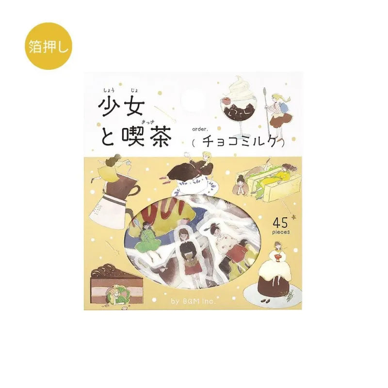 BGM Foil Stamping Flake Seal – Girl and Café: Choco Milk with 45 stickers of warm-toned girls, chocolate lattes, sweets, and café details, finished with gold foil and washi texture.