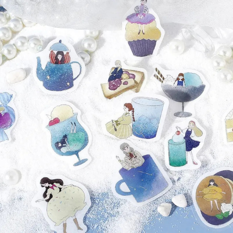 BGM Foil Stamping Flake Seal – Girl and Café: Deep Sea Soda featuring 45 washi stickers of café girls, fizzy drinks, and sea-themed desserts with foil and embossed detailing.