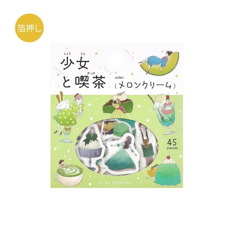 BGM Foil Stamping Flake Seal – Girl and Café: Melon Cream with 45 washi stickers featuring girls, melon soda, parfaits, and café desserts in pastel green, highlighted with foil accents.