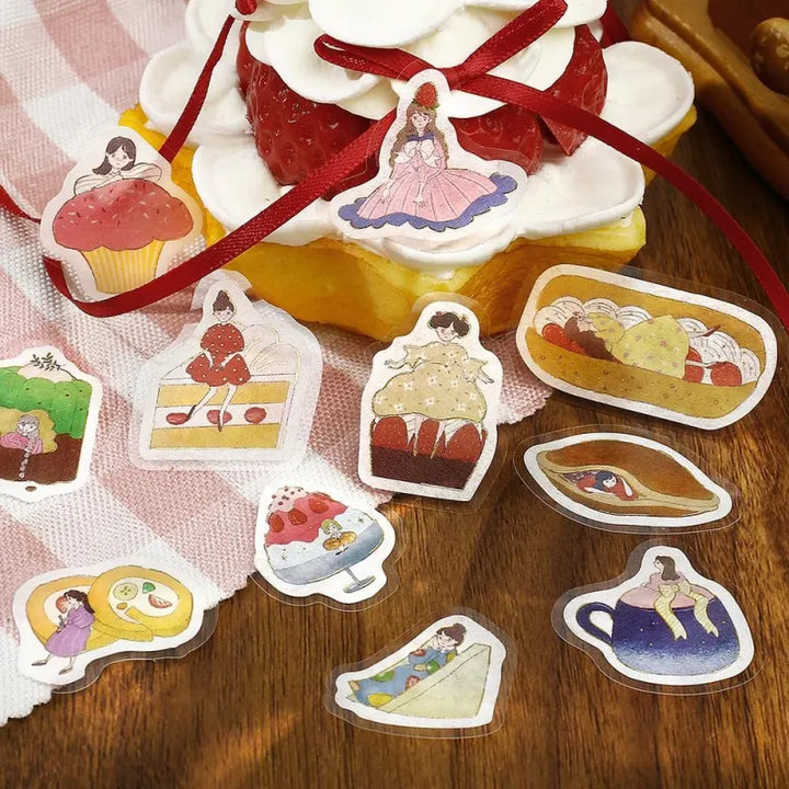BGM Foil Stamping Flake Seal – Girl and Café: Strawberry with 45 stickers of pastel girls, strawberry parfaits, café drinks, and desserts, all foil-accented on textured washi paper.