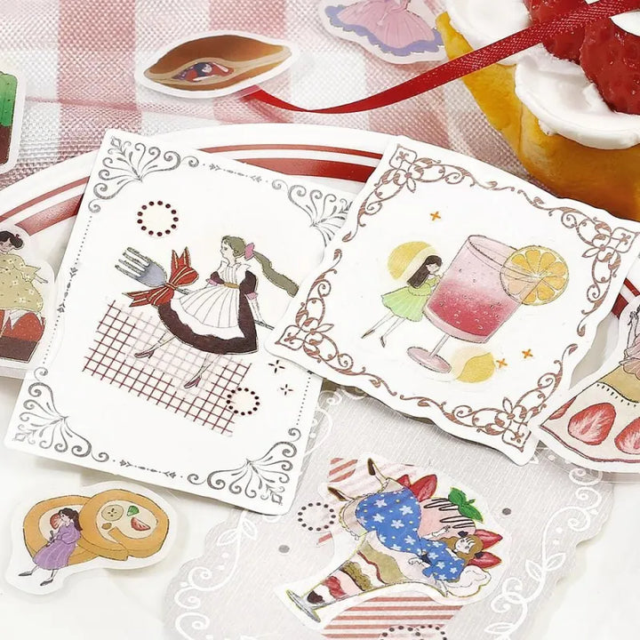 BGM Foil Stamping Flake Seal – Girl and Café: Strawberry with 45 stickers of pastel girls, strawberry parfaits, café drinks, and desserts, all foil-accented on textured washi paper.