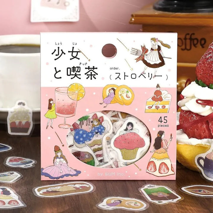 BGM Foil Stamping Flake Seal – Girl and Café: Strawberry with 45 stickers of pastel girls, strawberry parfaits, café drinks, and desserts, all foil-accented on textured washi paper.