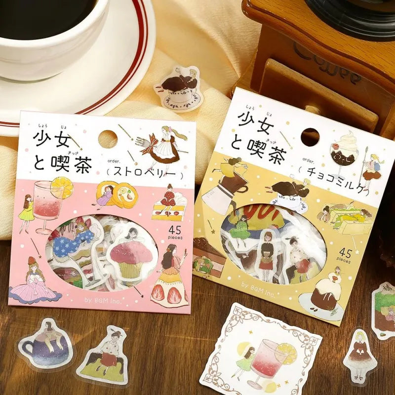 BGM Foil Stamping Flake Seal – Girl and Café: Strawberry with 45 stickers of pastel girls, strawberry parfaits, café drinks, and desserts, all foil-accented on textured washi paper.