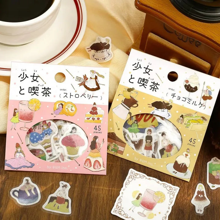 BGM Foil Stamping Flake Seal – Girl and Café: Strawberry with 45 stickers of pastel girls, strawberry parfaits, café drinks, and desserts, all foil-accented on textured washi paper.