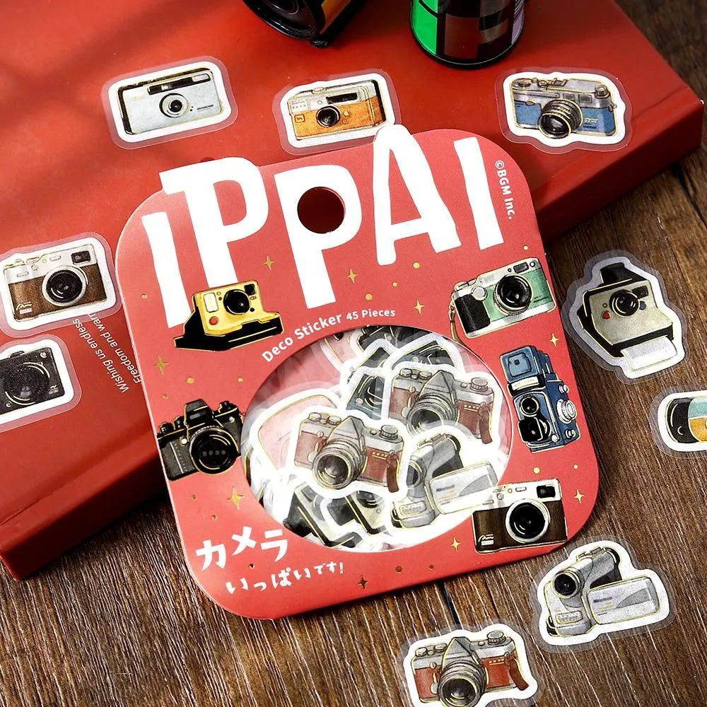 BGM Foil Stamping Flake Seal Ippai Cameras stickers featuring vintage and modern camera illustrations with foil details.