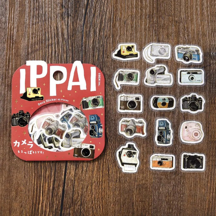 BGM Foil Stamping Flake Seal Ippai Cameras stickers featuring vintage and modern camera illustrations with foil details.