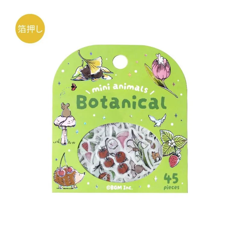 BGM Foil Stamping Flake Seal – Mini Mini Animals: Botanical with 45 washi stickers of cute animals and floral designs, finished with gold foil accents and a soft textured feel.
