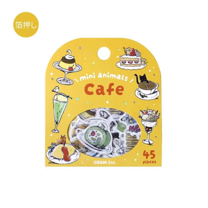 BGM Foil Stamping Flake Seal – Mini Mini Animals series featuring 45 washi paper stickers per set, each with adorable animal illustrations, café themes, and foil-stamped accents with a dimensional textured finish.
