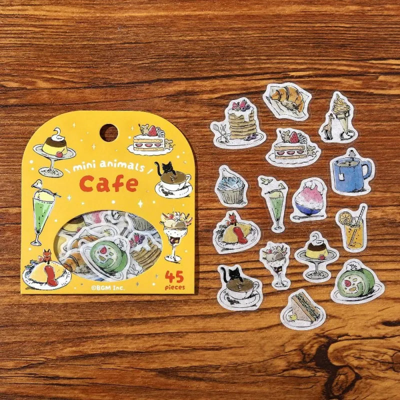 BGM Foil Stamping Flake Seal – Mini Mini Animals series featuring 45 washi paper stickers per set, each with adorable animal illustrations, café themes, and foil-stamped accents with a dimensional textured finish.
