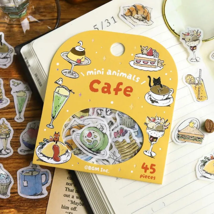 BGM Foil Stamping Flake Seal – Mini Mini Animals series featuring 45 washi paper stickers per set, each with adorable animal illustrations, café themes, and foil-stamped accents with a dimensional textured finish.