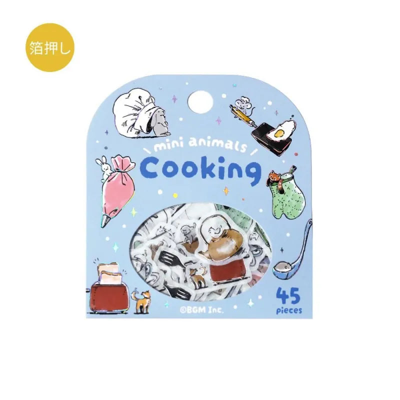 BGM Foil Stamping Flake Seal – Mini Mini Animals: Cooking with 45 washi stickers of cute animals baking, stirring, and serving food, accented with gold foil and textured details.