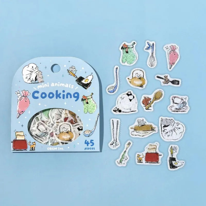 BGM Foil Stamping Flake Seal – Mini Mini Animals: Cooking with 45 washi stickers of cute animals baking, stirring, and serving food, accented with gold foil and textured details.