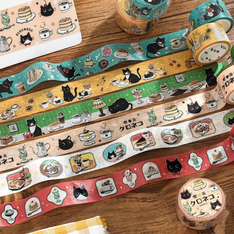 BGM Foil Stamping Masking Tape – Black Cat Café featuring charming café-themed illustrations with a playful black cat and shimmering foil details on a 20mm washi tape roll.