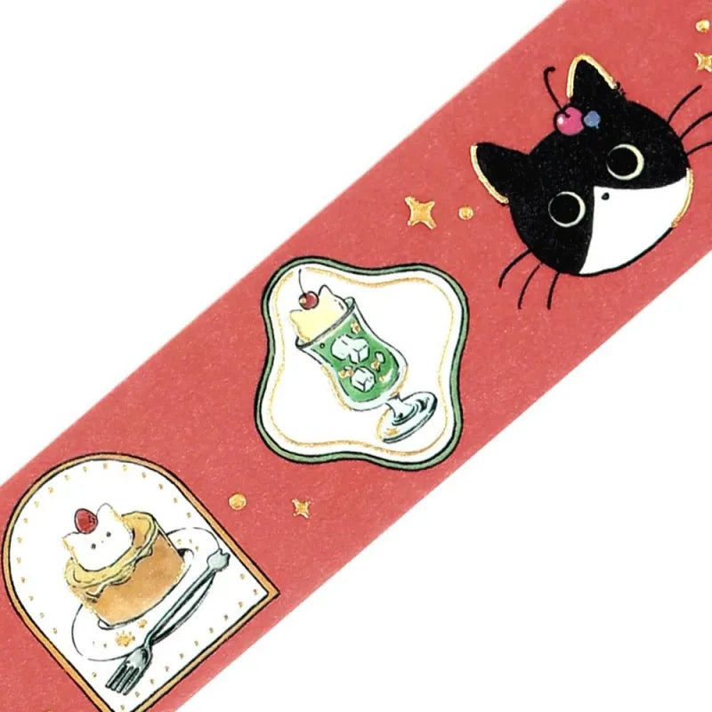 BGM Foil Stamping Masking Tape – Black Cat Café: Café Frame design with cozy illustrations of café scenes, a black cat, and gold foil accents on a 20mm washi tape roll.
