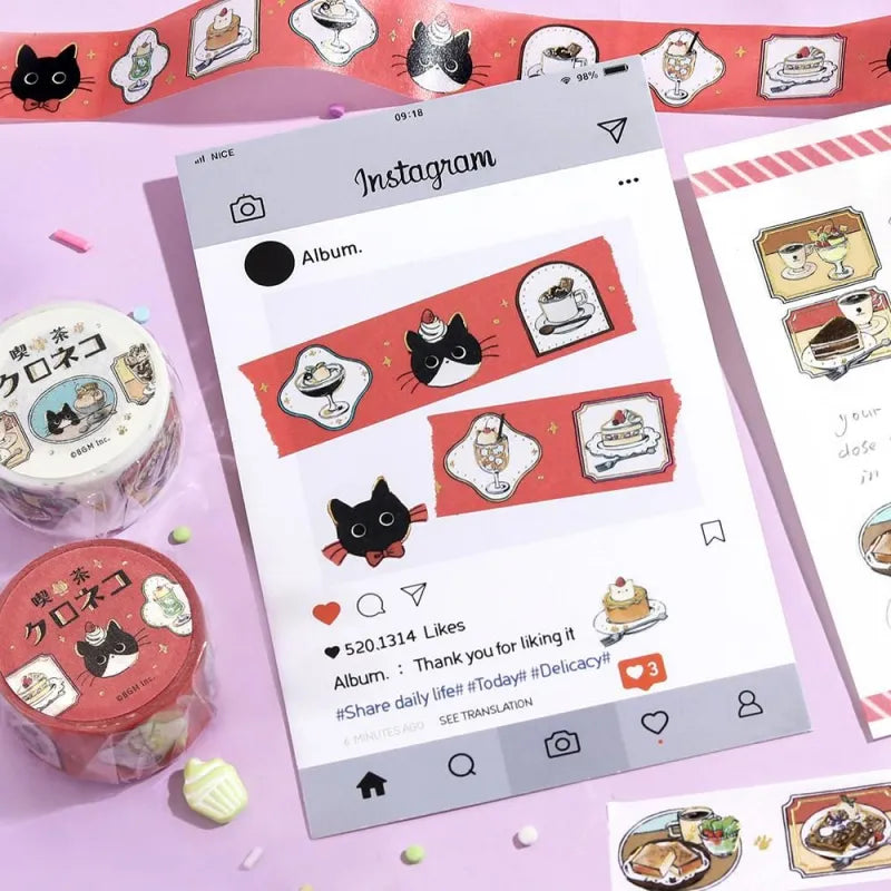 BGM Foil Stamping Masking Tape – Black Cat Café: Café Frame design with cozy illustrations of café scenes, a black cat, and gold foil accents on a 20mm washi tape roll.