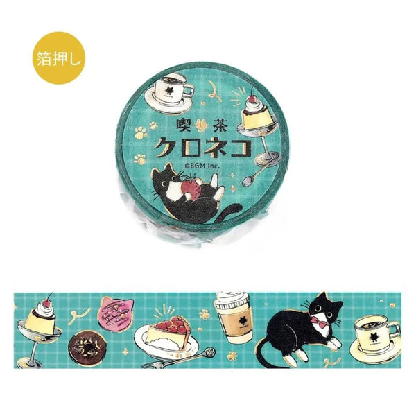 BGM Foil Stamping Masking Tape – Black Cat Café: Café Stroll featuring black cats with desserts, coffee, and foil paw prints on a 20mm washi tape roll.