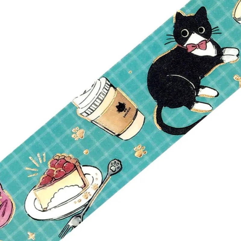 BGM Foil Stamping Masking Tape – Black Cat Café: Café Stroll featuring black cats with desserts, coffee, and foil paw prints on a 20mm washi tape roll.