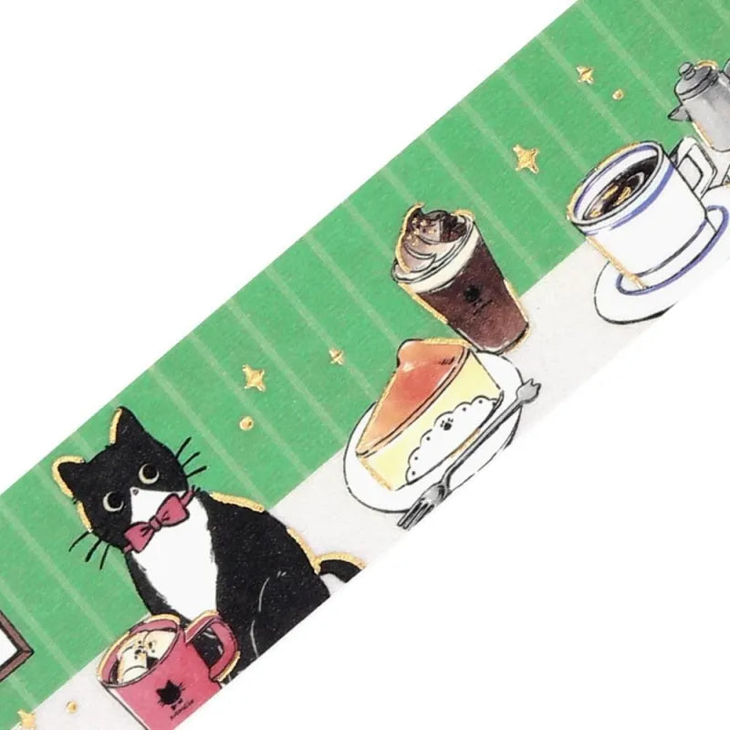 BGM Foil Stamping Masking Tape – Black Cat Café: Café Table design with black cat, sweets, drinks, and foil details on a green 20mm washi tape roll.
