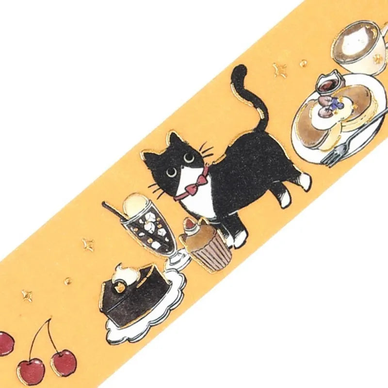 BGM Foil Stamping Masking Tape – Black Cat Café: Sweets Time design with black cats, café desserts, and pastel frames on yellow washi tape with foil accents.