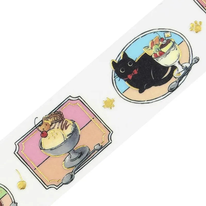 BGM Foil Stamping Masking Tape – Black Cat Café: Today’s Menu design featuring black cats, desserts, and vintage-style frames with foil accents on a 20mm washi tape roll.
