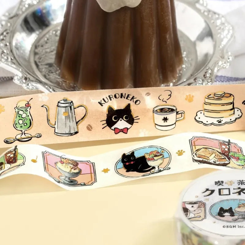 BGM Foil Stamping Masking Tape – Black Cat Café: Today’s Menu design featuring black cats, desserts, and vintage-style frames with foil accents on a 20mm washi tape roll.