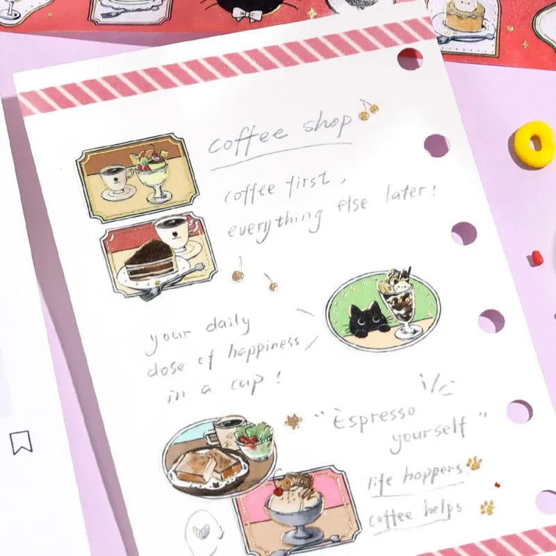 BGM Foil Stamping Masking Tape – Black Cat Café: Today’s Menu design featuring black cats, desserts, and vintage-style frames with foil accents on a 20mm washi tape roll.