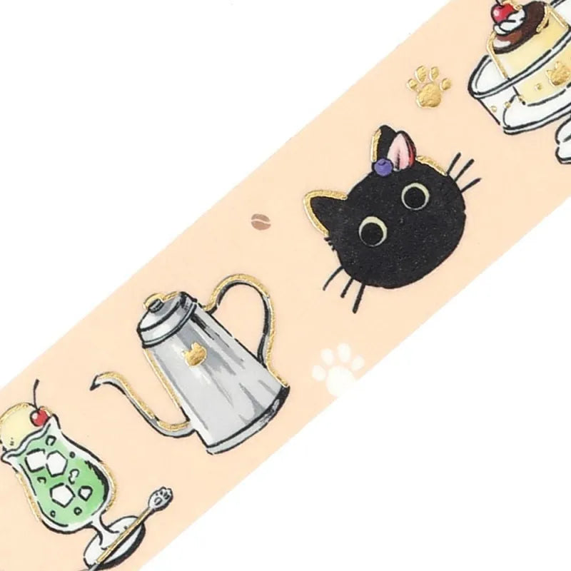 BGM Foil Stamping Masking Tape – Black Cat Café: Welcome design featuring black cats with desserts, soft pastel frames, and foil accents on 20mm washi tape.