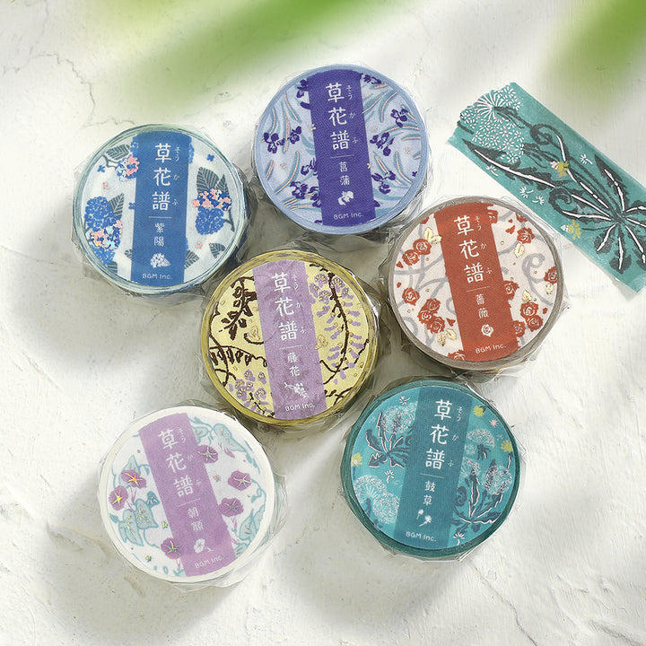 BGM Foil Stamping Masking Tape: Flower Compendium: Drum Grass – Japanese washi tape featuring elegant grass designs with metallic foil accents