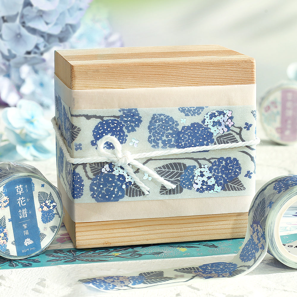 BGM Foil Stamping Masking Tape Flower Compendium Hydrangea featuring delicate hydrangea illustrations in soft pastel hues with shimmering foil accents on premium Japanese washi tape.