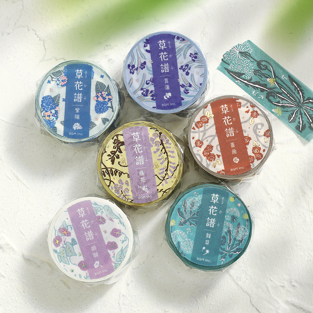 BGM Foil Stamping Masking Tape Flower Compendium Hydrangea featuring delicate hydrangea illustrations in soft pastel hues with shimmering foil accents on premium Japanese washi tape.