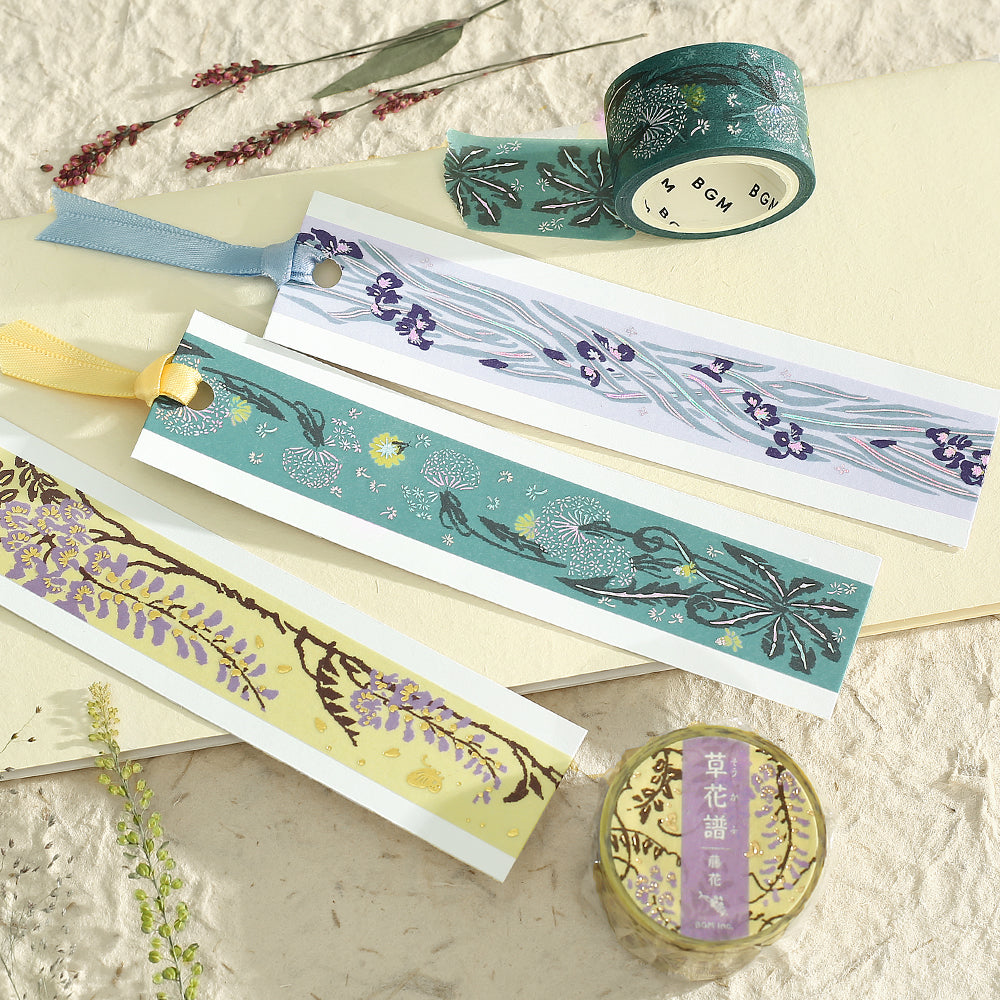 BGM Foil Stamping Masking Tape: Flower Compendium: Iris – Japanese washi tape featuring elegant iris flower designs with metallic foil accents.