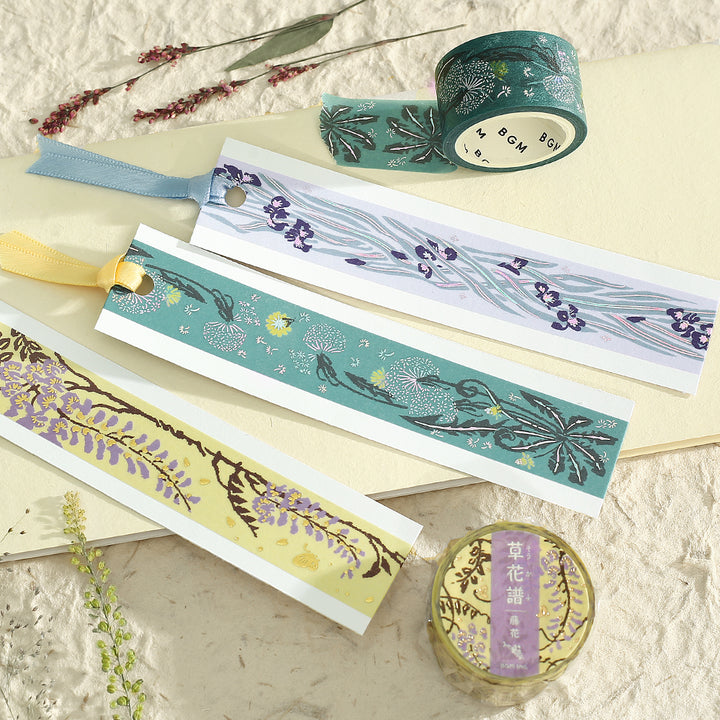 BGM Foil Stamping Masking Tape: Flower Compendium: Iris – Japanese washi tape featuring elegant iris flower designs with metallic foil accents.