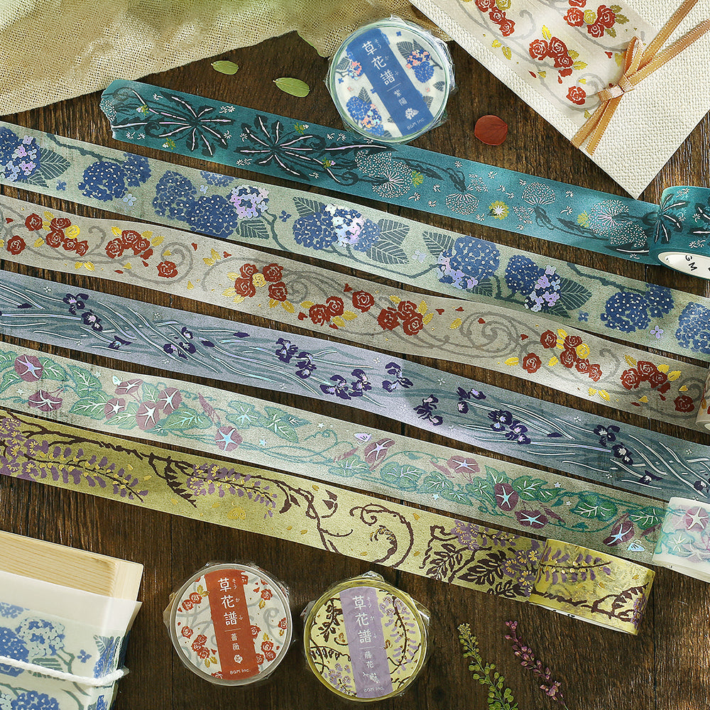 BGM Foil Stamping Masking Tape: Flower Compendium: Iris – Japanese washi tape featuring elegant iris flower designs with metallic foil accents.