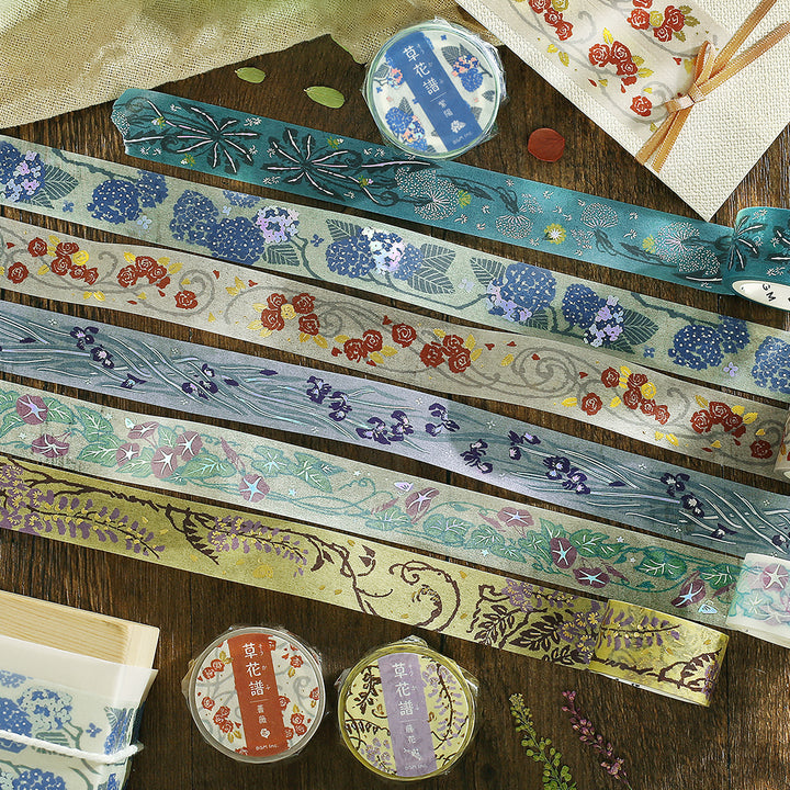 BGM Foil Stamping Masking Tape: Flower Compendium: Iris – Japanese washi tape featuring elegant iris flower designs with metallic foil accents.