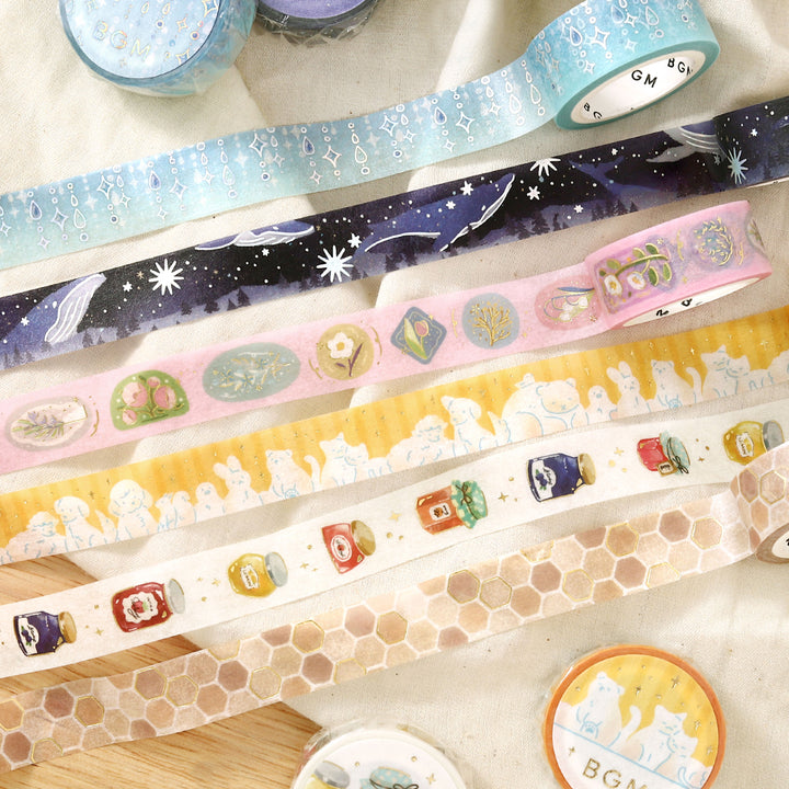 BGM Foil Stamping Masking Tape Life Drops of Light Japanese washi tape with shimmering foil travel-inspired design.