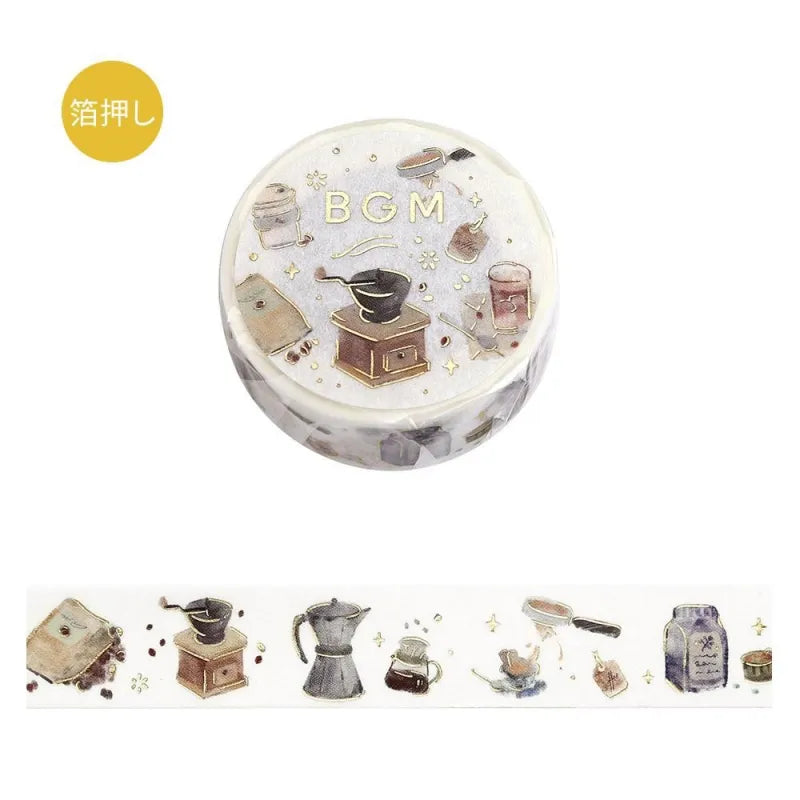 BGM Foil Stamping Masking Tape – Life: Enjoy CAFE design featuring café-themed illustrations with gold foil accents on 15mm washi tape roll.