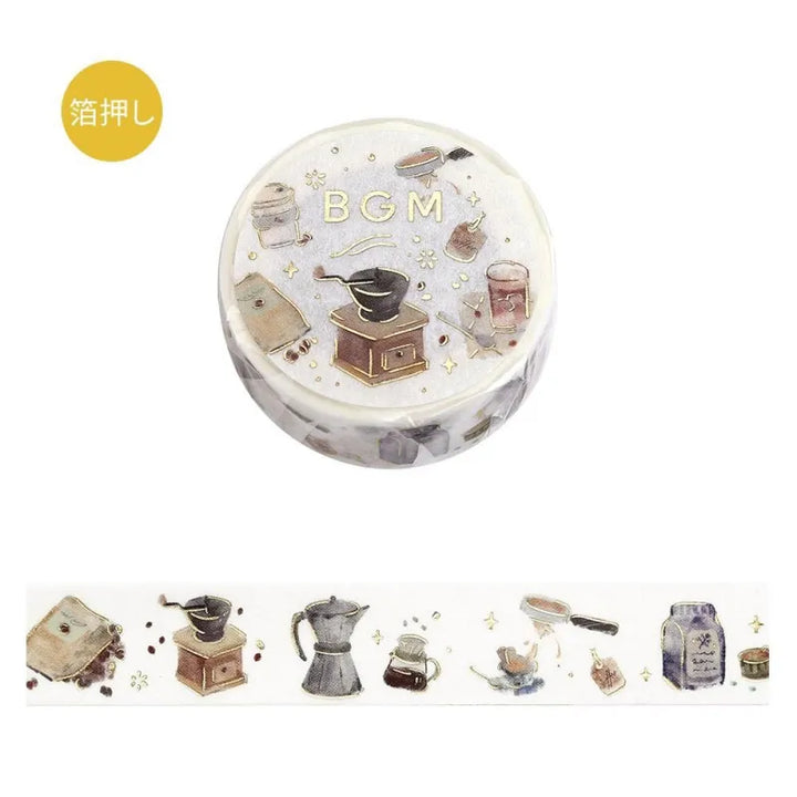 BGM Foil Stamping Masking Tape – Life: Enjoy CAFE design featuring café-themed illustrations with gold foil accents on 15mm washi tape roll.