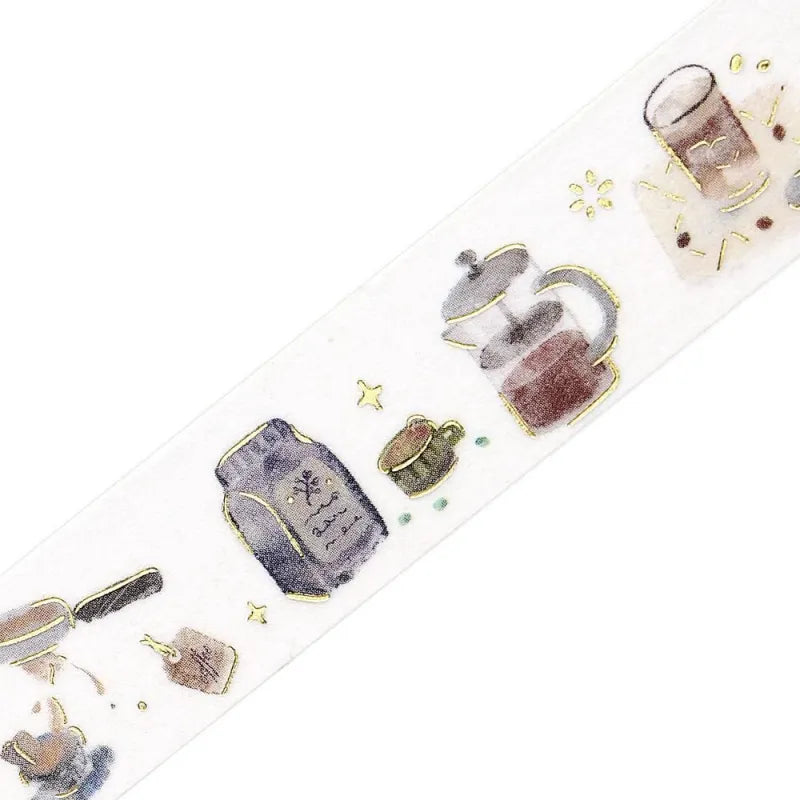 BGM Foil Stamping Masking Tape – Life: Enjoy CAFE design featuring café-themed illustrations with gold foil accents on 15mm washi tape roll.
