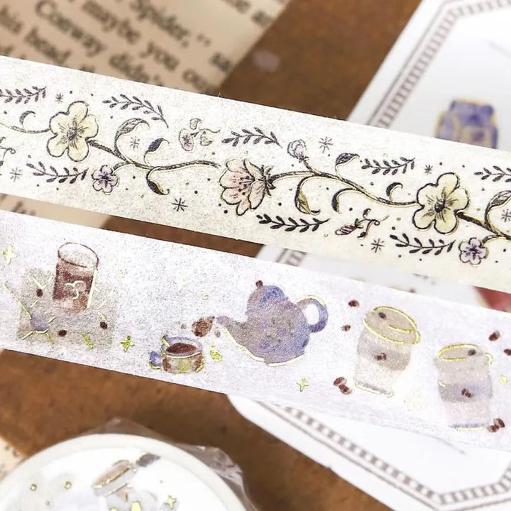 BGM Foil Stamping Masking Tape – Life: Enjoy CAFE design featuring café-themed illustrations with gold foil accents on 15mm washi tape roll.
