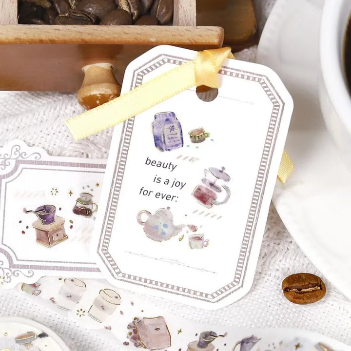 BGM Foil Stamping Masking Tape – Life: Enjoy CAFE design featuring café-themed illustrations with gold foil accents on 15mm washi tape roll.