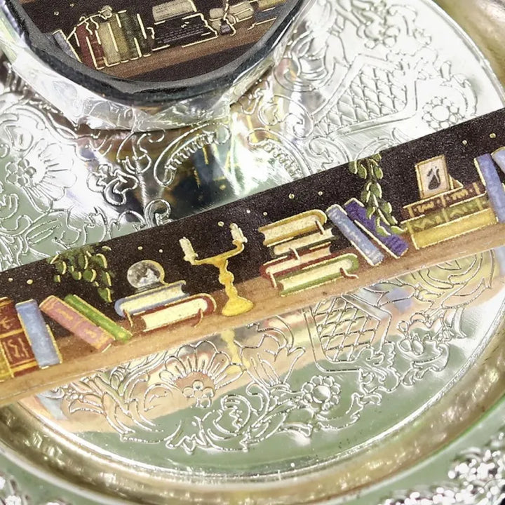 BGM Foil Stamping Masking Tape – Life: Midnight Bookshelf design with books, candles, and foil stars on a 15mm washi tape roll.