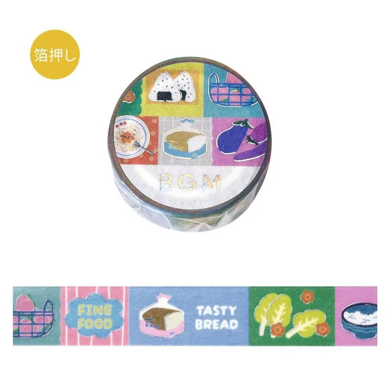 BGM Foil Stamping Masking Tape – Life: Pop Food design with colorful illustrations of different foods and foil accents on 15mm washi tape roll.