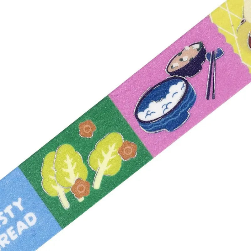 BGM Foil Stamping Masking Tape – Life: Pop Food design with colorful illustrations of different foods and foil accents on 15mm washi tape roll.