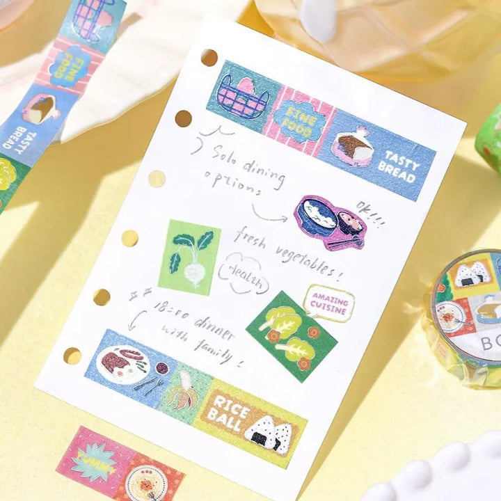 BGM Foil Stamping Masking Tape – Life: Pop Food design with colorful illustrations of different foods and foil accents on 15mm washi tape roll.