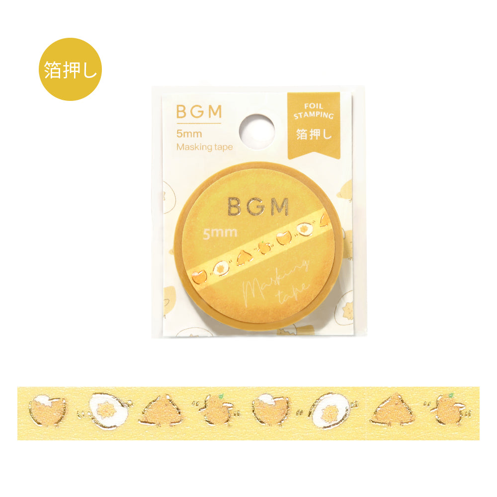 A slim roll of washi tape featuring a repeating design of playful yellow chicks running, accented with metallic foil highlights—perfect for planners, journaling, and decorative crafts.